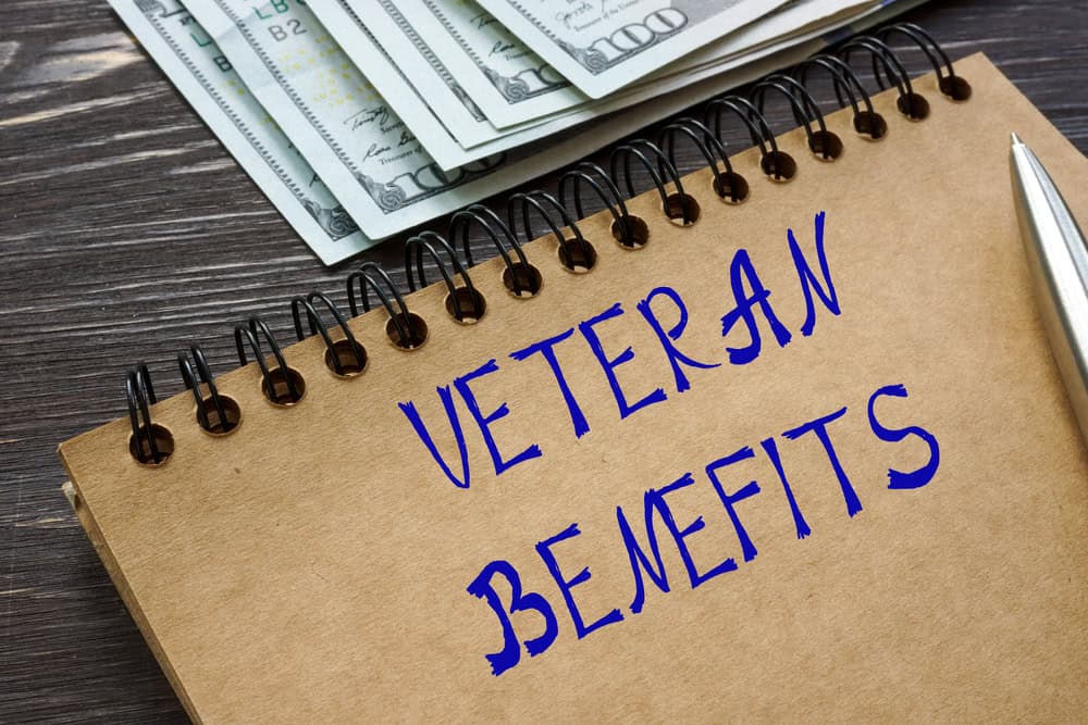 Special monthly compensation benefits concept showing notebook labeled veteran benefits with cash representing VA disability compensation payments